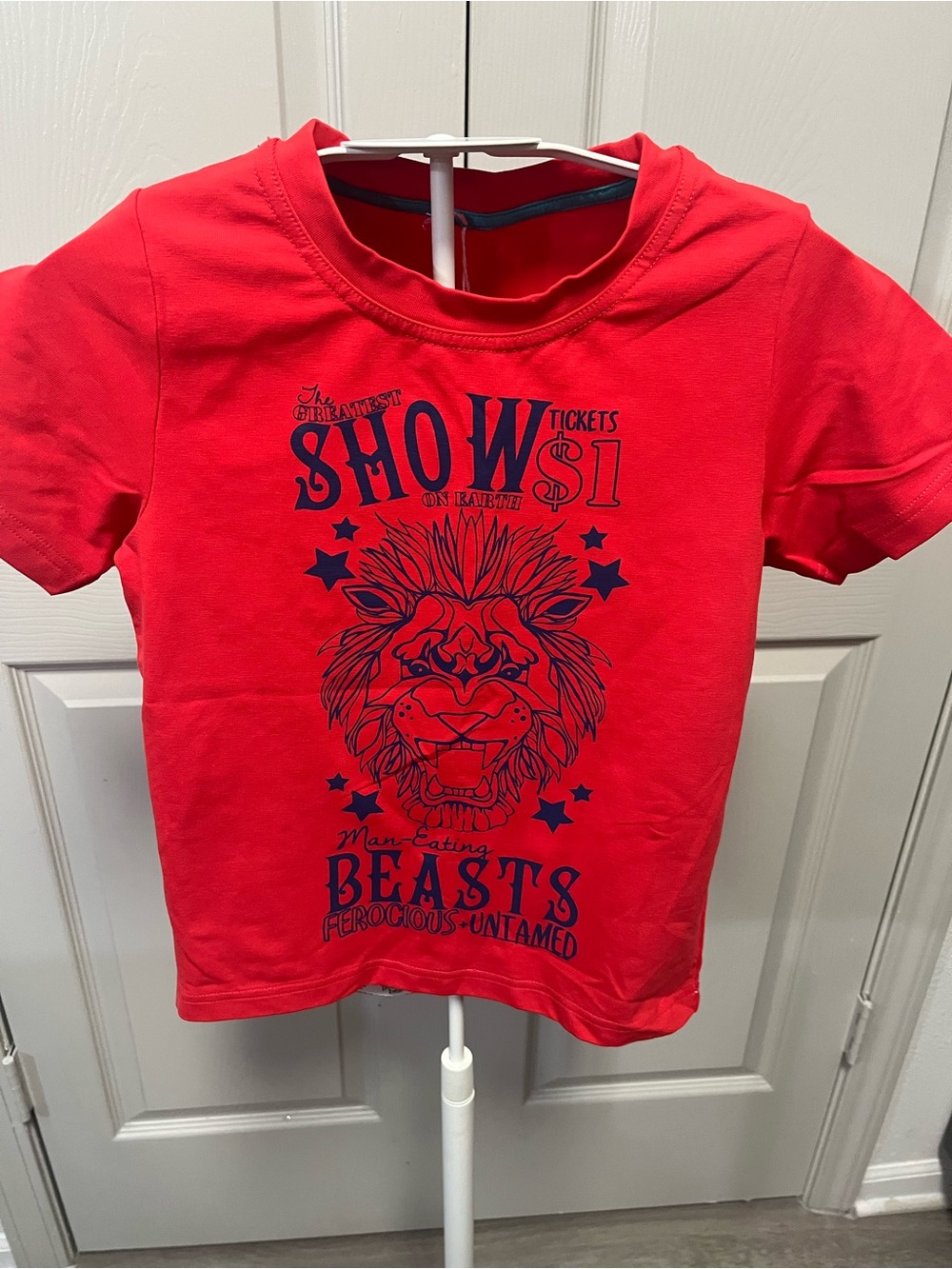 Kids Red Short-Sleeve Graphic Tee with Navy Lion Print